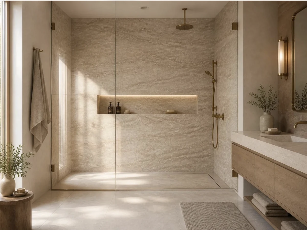 Remodelled bathroom with a curbless walk-in shower, travertine walls and brass fixtures