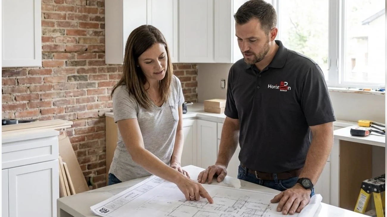 A contractor and homeowner reviewing renovation drawings on a kitchen island